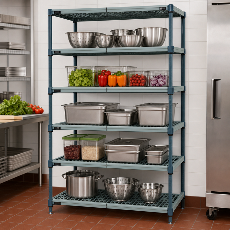 Product image #3 for Quantum 5-Tier Stationary Wire Plastic Mat Shelving Unit, 72W x 24D x 74H, Green Epoxy Antimicrobial