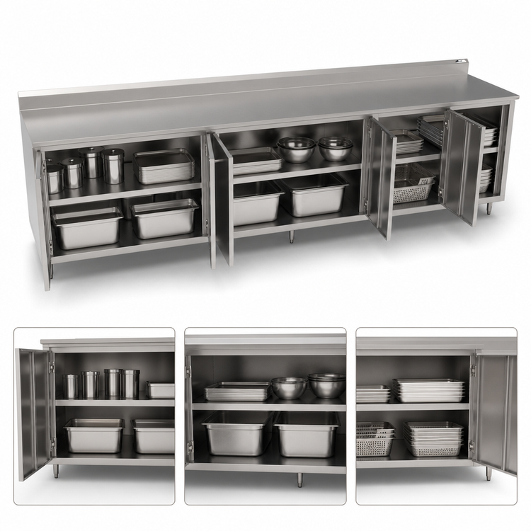 Product image #3 for John Boos Enclosed Stainless Steel Work Table with Cabinet Base and 3 Hinged Door Sets, 132 x 30 Inches, 5-Inch Backsplash