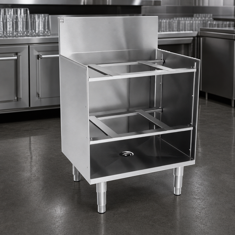 Product image #3 for Spec-Bar 24" x 24" Underbar Glass Rack Storage Unit, Open Front Base, 3-Rack Capacity