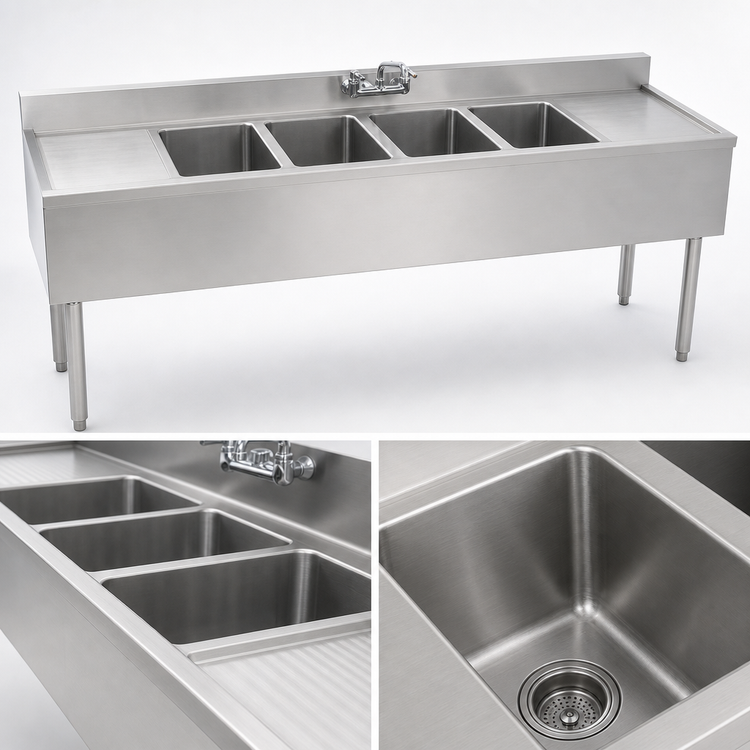 Product image #3 for Eagle Group 1800 Series 72-Inch 4-Compartment Underbar Sink Unit with Drainboards, 304 Stainless Steel