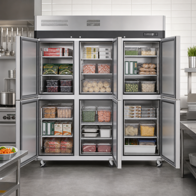 Product image #3 for Turbo Air M3 Three-Section Reach-In Freezer, 65.6 Cu. Ft., Six Half-Hinged Solid Doors, Top-Mount Self-Contained, Stainless Steel