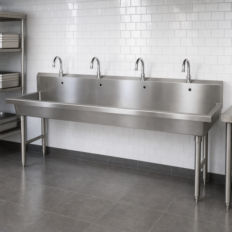 Product image #3 for BK Resources Four-Station Freestanding Hand Wash Sink with 4 Faucet Holes, 96-Inch Stainless Steel