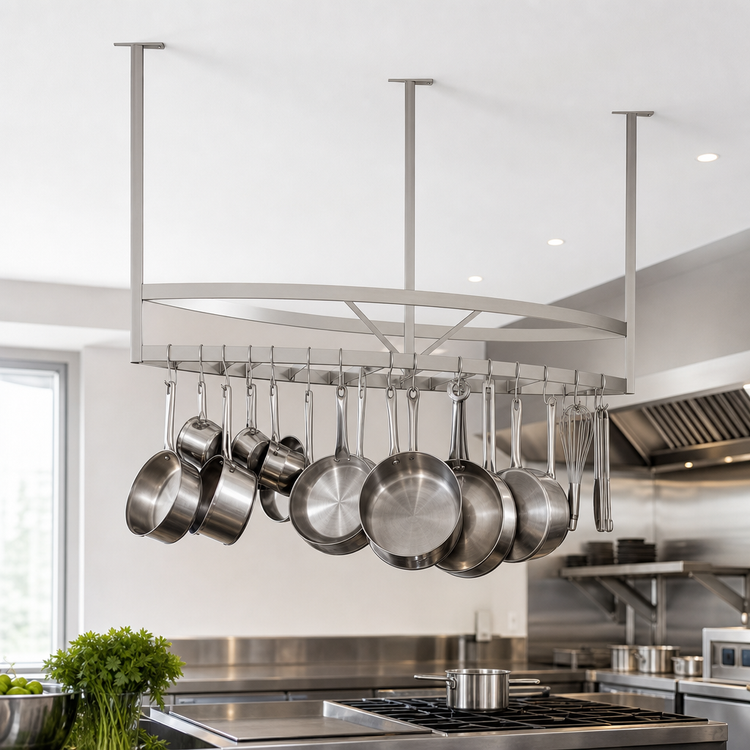 Product image #3 for John Boos Boat-Shaped Ceiling-Mounted Triple-Bar Stainless Steel Pot Rack with 36 Double Hooks
