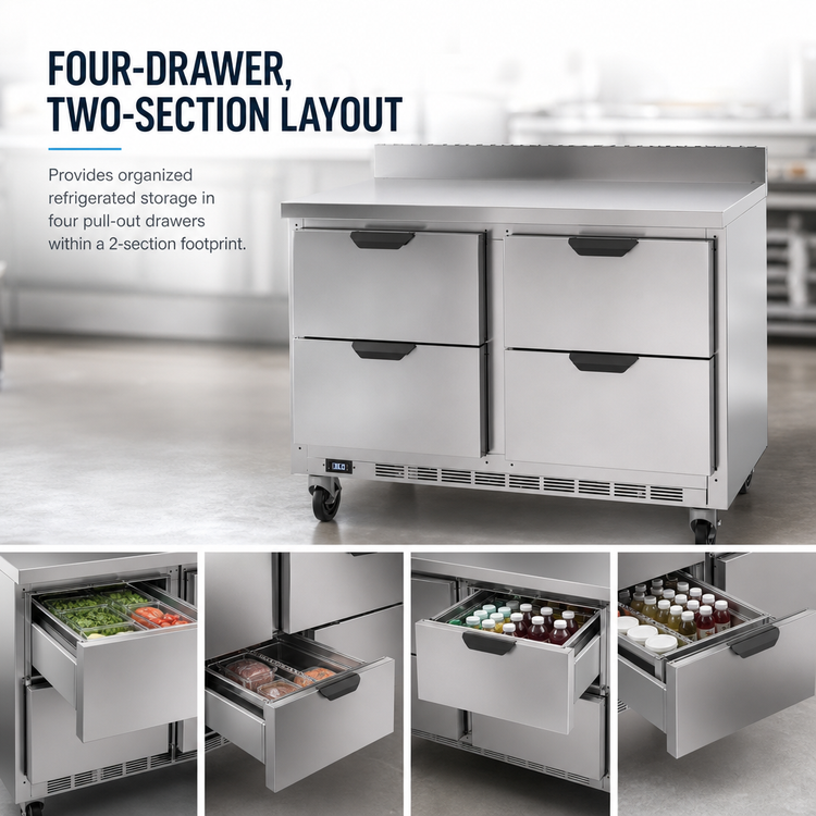 Product image #3 for Beverage-Air WTRD48AHC-4 48-Inch Two-Section Worktop Refrigerator with 4 Drawers