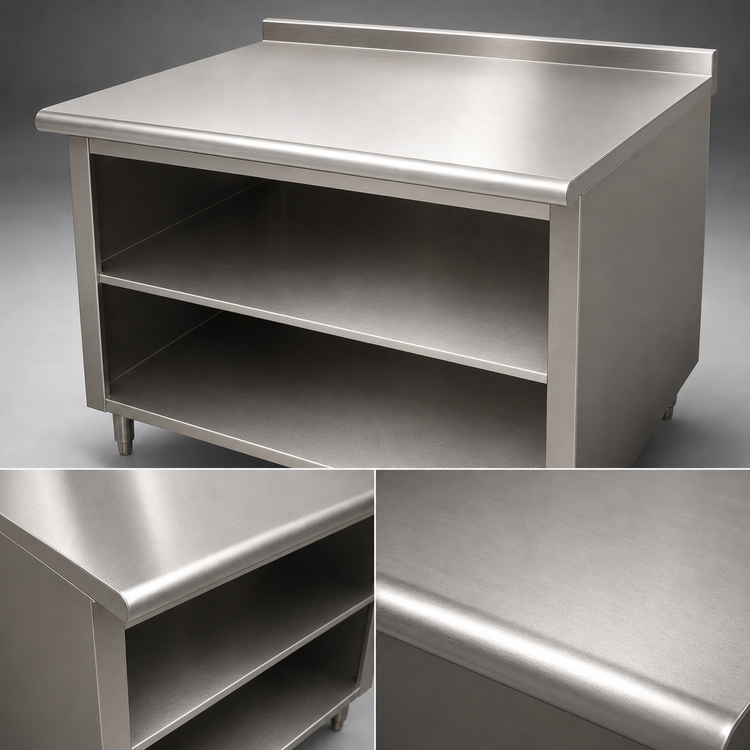 Product image #3 for Advance Tabco 96" x 30" 14-Gauge 304 Stainless Steel Underbar Work Table with Open Front Cabinet Base, Mid-Shelf, and 1-1/2" Rear Up-Turn