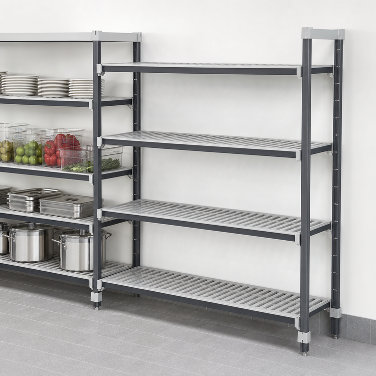 Product image #3 for Cambro Camshelving Elements XTRA Stationary 4-Tier Add-On Unit, 24 x 72 x 84 Inch, Vented Polymer Shelving, Speckled Gray