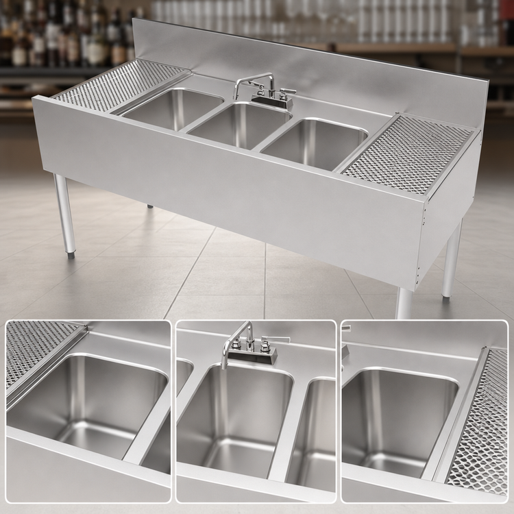 Product image #4 for Top Shelf TSF Series Three-Compartment Stainless Steel Underbar Sink Unit with Left and Right Drainboards, 60 x 24 Inch
