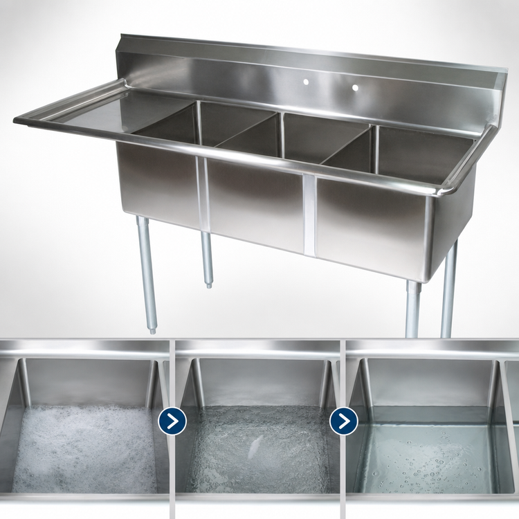 Product image #3 for John Boos E-Series 3-Compartment Sink with Left Drainboard, 18 Gauge Stainless Steel, 80-1/2 x 29-1/2 x 43-3/4 Inches