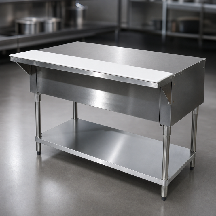 Product image #3 for Advance Tabco Triumph Solid Top Utility Station with Poly Cutting Board and Open Shelf Base