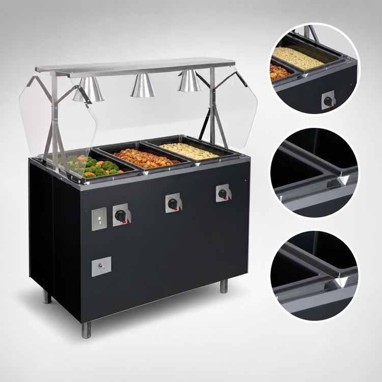 Product image #3 for Vollrath 2-Series Affordable Portable Deluxe 3-Well Mobile Hot Food Station with Breath Guard and Lights