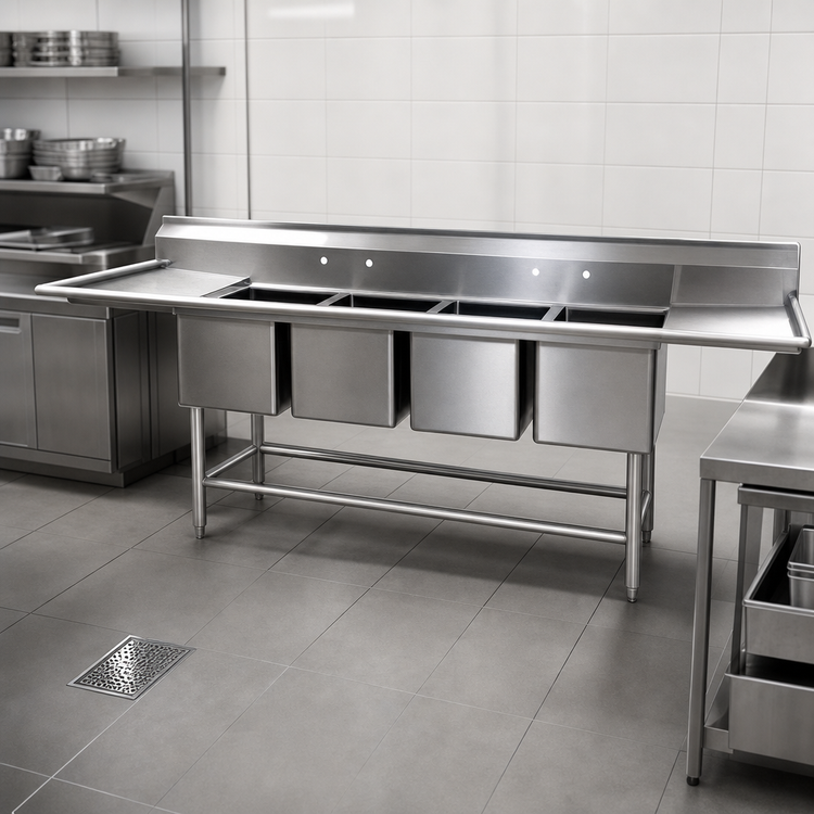 Product image #3 for Eagle Spec-Master FN Series Four-Compartment 14-Gauge 304 Stainless Steel Sink with 30 Inch Right Drainboard