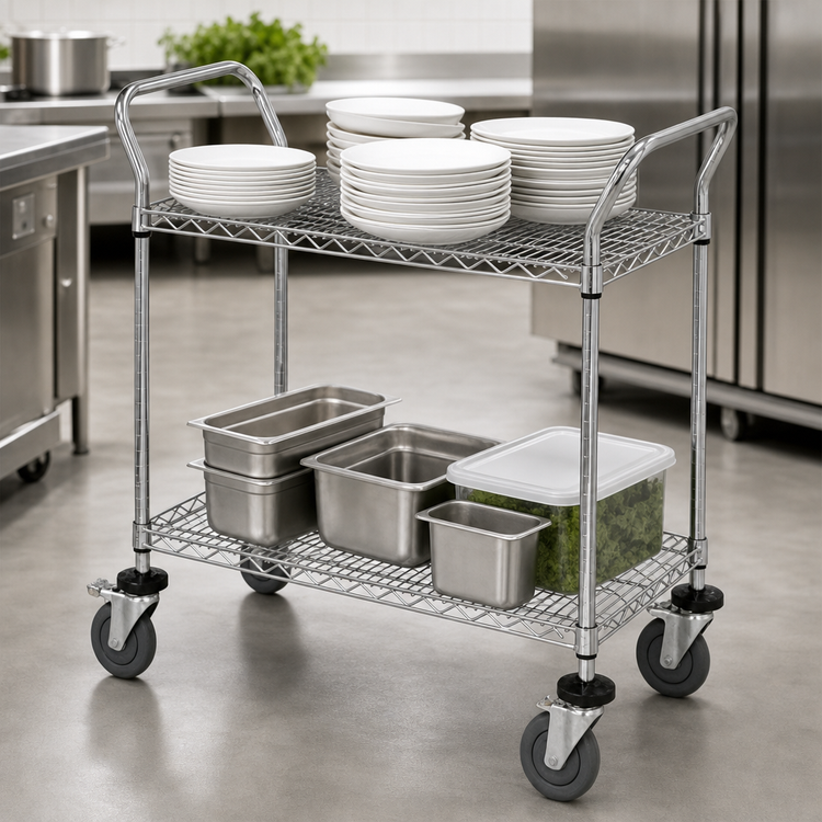 Product image #3 for Quantum WRC-2436P-2 36 x 24 in 2-Shelf Green Epoxy Wire Utility Bus Cart, 1200 lb Capacity