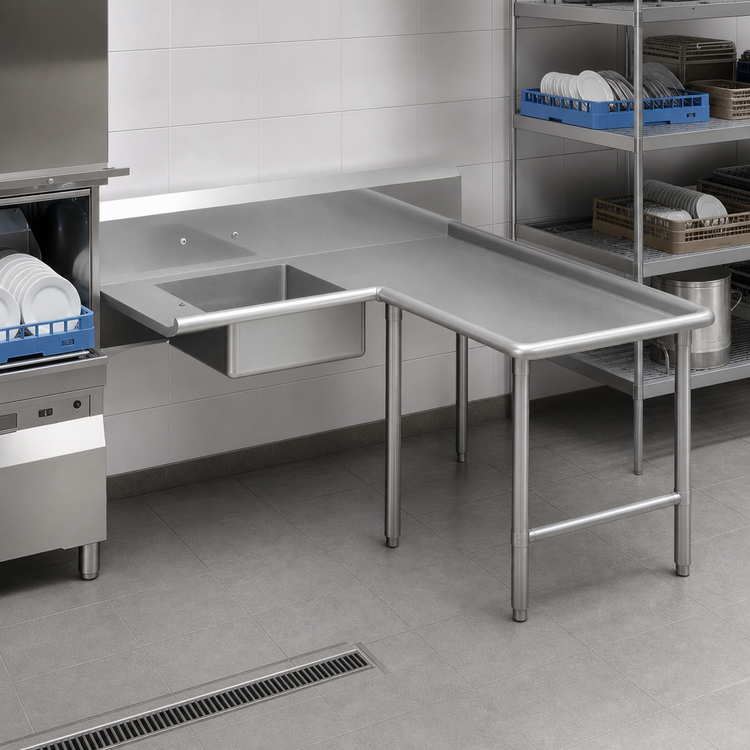 Product image #3 for John Boos Pro-Bowl L-Shaped Island Soiled Dish Table with 20 x 20 x 8 Inch Pre-Rinse Sink, Right-to-Left Operation
