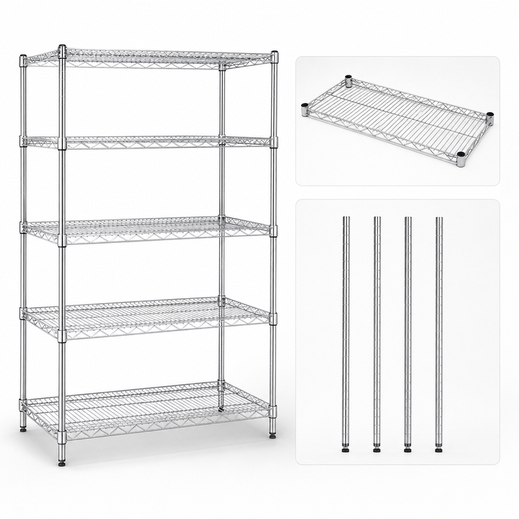 Product image #3 for Quantum 42" x 21" x 74" Stationary Wire Shelving Starter Kit, 5 Shelves, 304 Stainless Steel