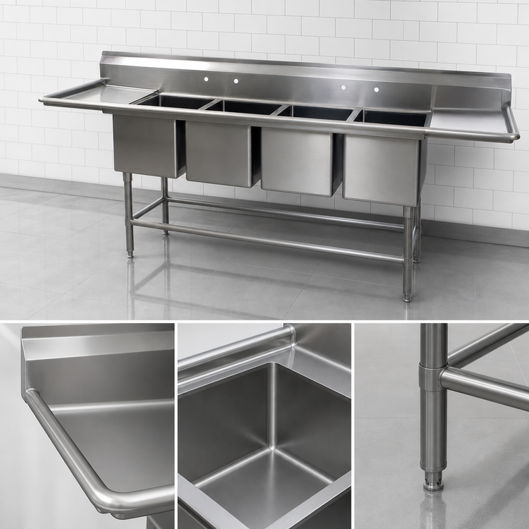 Product image #3 for Spec-Master FN2072-4-18-14/3 Four-Compartment Stainless Steel Commercial Sink with Left & Right Drainboards