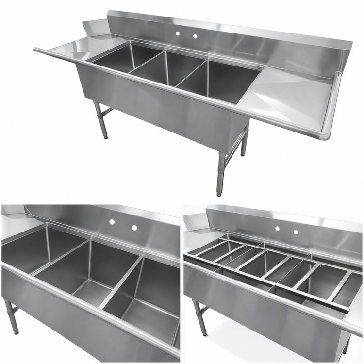 Product image #3 for John Boos Three-Compartment Stainless Steel Dishtable/Pot Sink with Dual 24-Inch Drainboards and Left-Side Dish Machine Opening