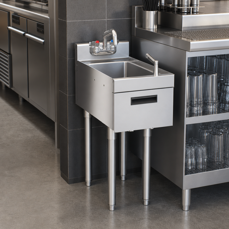 Product image #3 for Krowne Silver Series Freestanding Stainless Steel Underbar Hand Sink with Soap and Towel, 12 Inch Wide