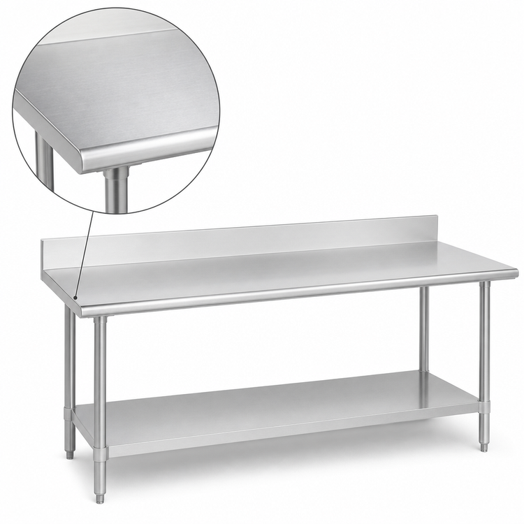 Product image #3 for Duke 72-Inch x 30-Inch 16-Gauge 300 Series Stainless Steel Work Table with 5-Inch Riser and Galvanized Undershelf
