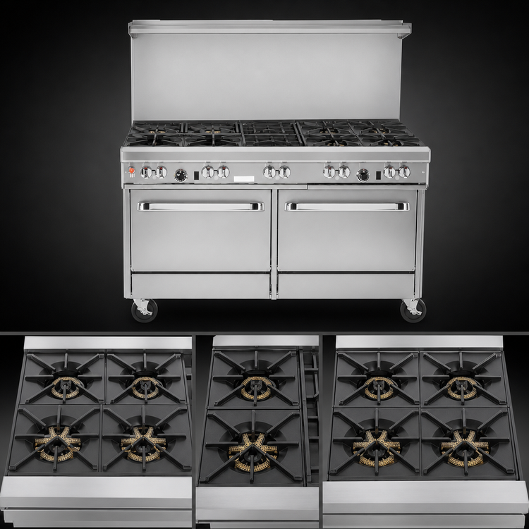 Product image #3 for 60-Inch Stainless Steel Gas Restaurant Range with 9 Open Burners and 2 Standard Ovens