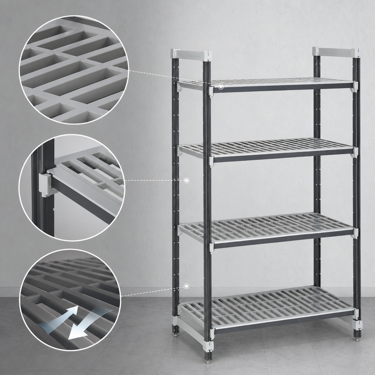 Product image #3 for Cambro Camshelving Elements XTRA 24"W x 48"L x 84"H 4-Tier Stationary Vented Polymer Shelving Starter Unit, Speckled Gray