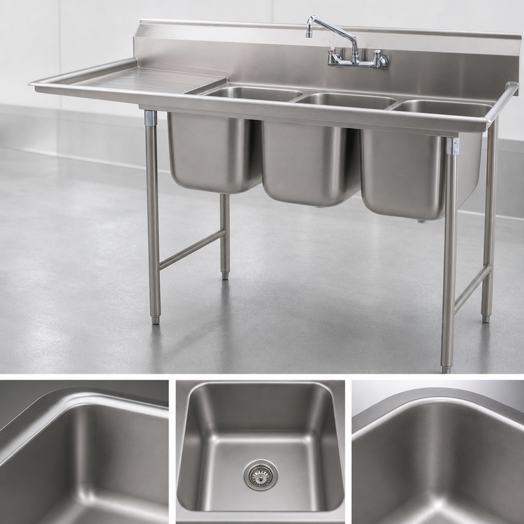 Product image #3 for Eagle Group 414 Series Three-Compartment Sink with 24-Inch Left-Hand Drainboard, 22 x 22 Bowls