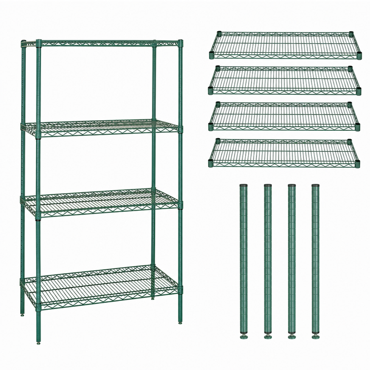 Product image #3 for Quantum Stationary Wire Shelving Starter Kit, 54 in. W x 18 in. D x 74 in. H, Green Epoxy Antimicrobial Finish, 600 to 800 lb. Capacity