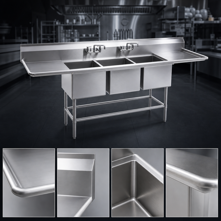 Product image #3 for Spec-Master FN2860-3-30R-14/3 3-Compartment Stainless Steel Sink with 30 Inch Right Drainboard