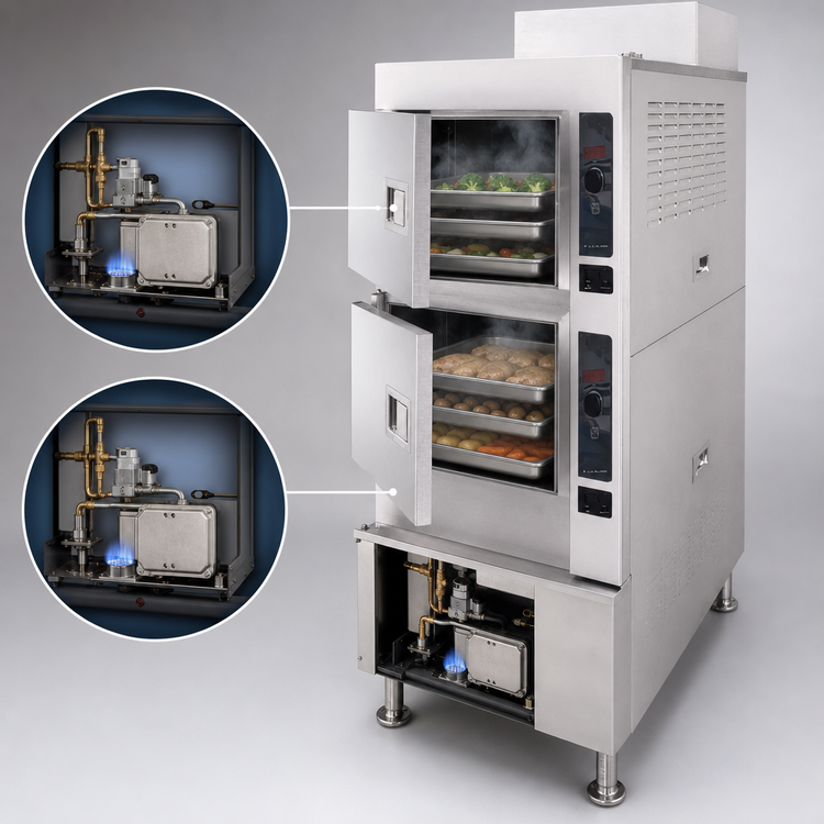 Product image #3 for Cleveland SteamCraft Gemini 6 Short Series Pressureless 2-Compartment Gas Commercial Steamer