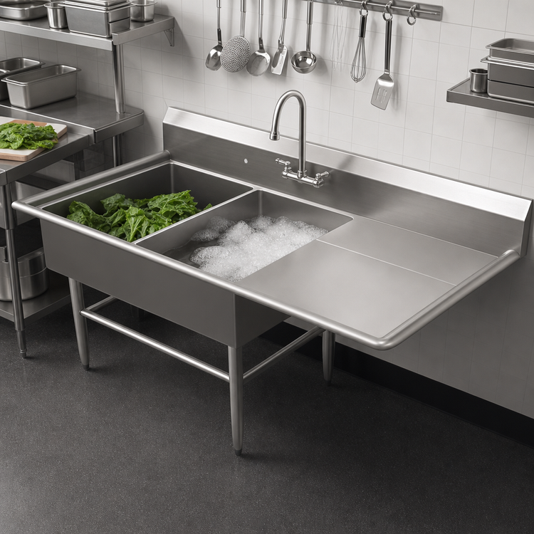 Product image #3 for John Boos Pro-Bowl 2-Compartment Sink with 24-Inch Right Drainboard, 68-3/16" W x 33-1/2" D x 44-1/16" H, 16-Gauge Stainless Steel