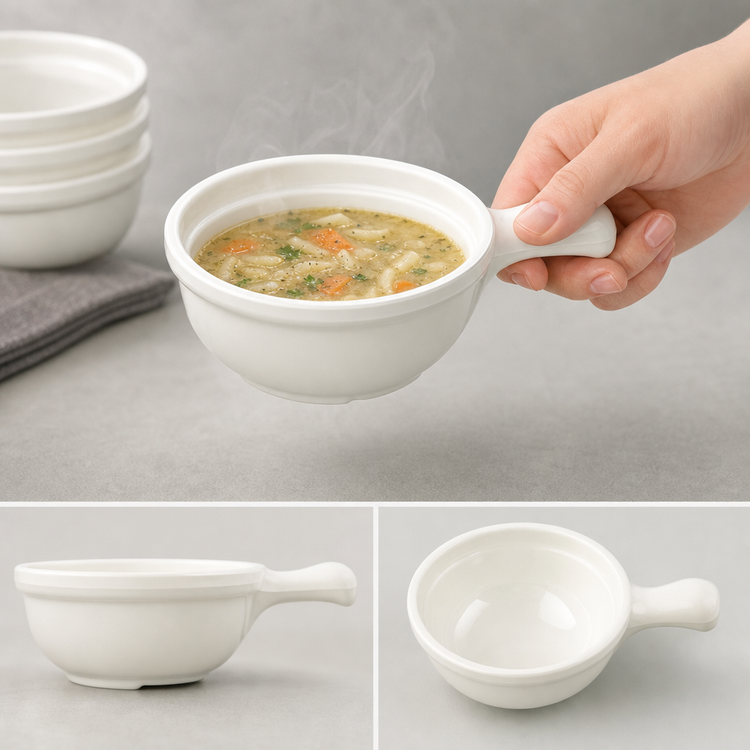 Product image #3 for Microwave-Ware 12 oz White Polycarbonate Footed Handled Soup Bowl, 5-5/16 Inch