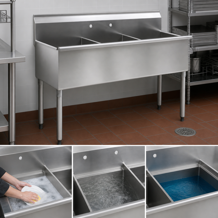 Product image #3 for Eagle Group Three-Compartment Utility Sink, 37-3/8 Inch x 25 Inch, 16 Gauge 304 Stainless Steel, No Drainboards