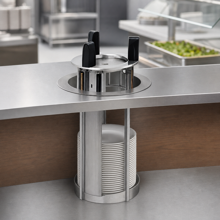 Product image #3 for Delfield Drop-In Unheated Round Plate Dispenser with Single Self-Elevating Tube, 10.12-Inch Capacity