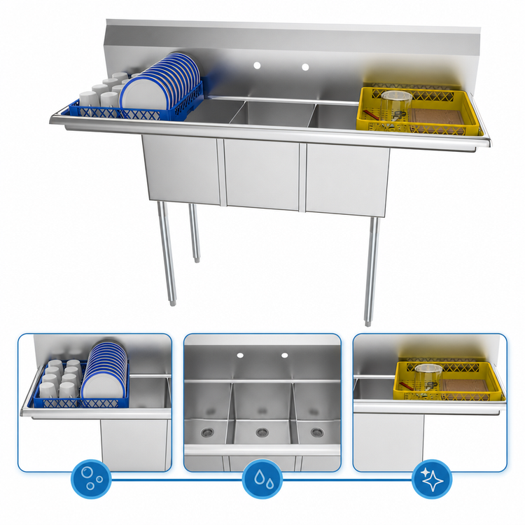 Product image #3 for KoolMore 60 Inch Commercial 3-Compartment Stainless Steel Sink with Dual Drainboards and Backsplash