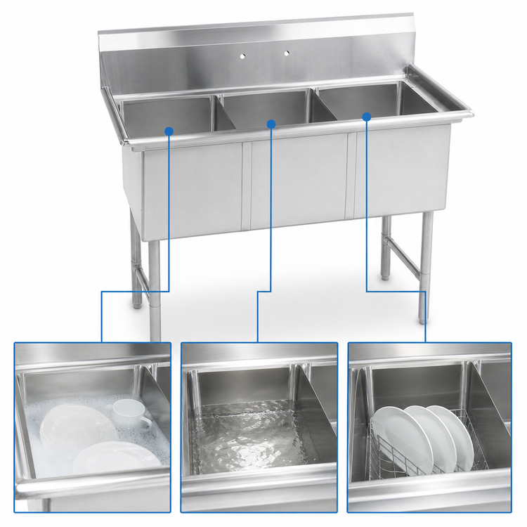 Product image #3 for BK Resources 3-Compartment Stainless Steel Sink with 10-Inch Backsplash, 53-1/8 Inch Wide