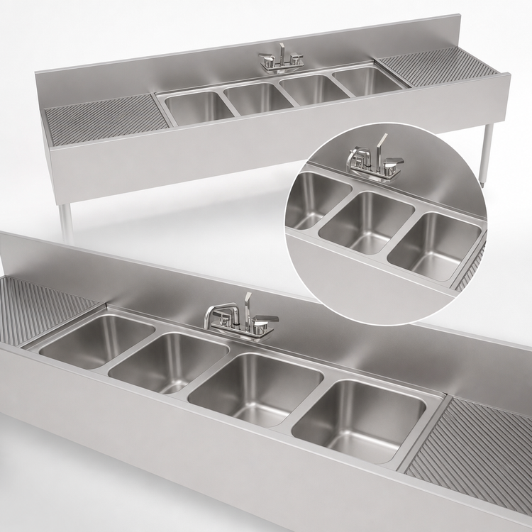Product image #4 for Perlick Top Shelf TS Series 96-Inch Four-Compartment Underbar Sink with Dual Drainboards
