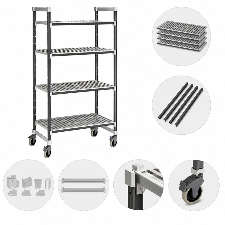 Product image #3 for Cambro Camshelving Elements XTRA 4-Tier Mobile Starter Shelving Unit, 24-Inch Deep x 60-Inch Wide x 78-1/4-Inch High, Speckled Gray