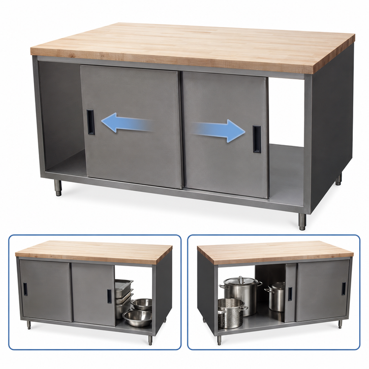 Product image #3 for BK Resources Dual Access Hard Maple Chef Table with Sliding Door Cabinet Base, 60 x 36 Inches