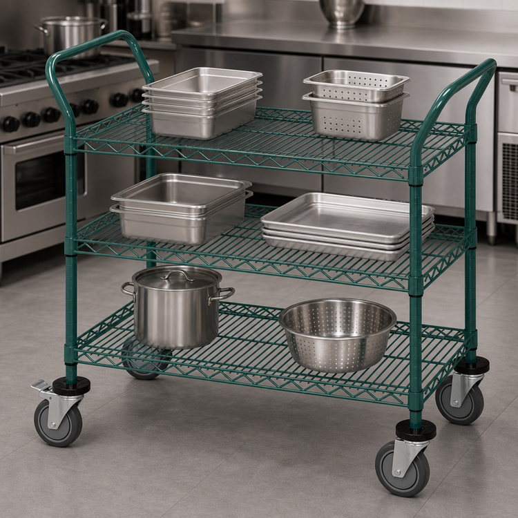 Product image #3 for Quantum Green Epoxy Antimicrobial Utility Bus Cart with 3 Wire Shelves, 60 x 18 Inch