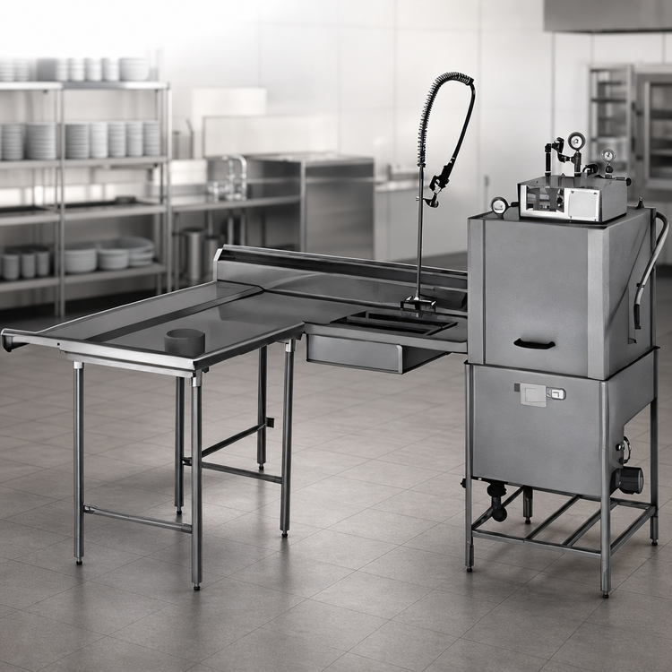 Product image #3 for Eagle Group Soiled Island Dish Table with Landing Shelf and Pre-Rinse Sink, Left-to-Right