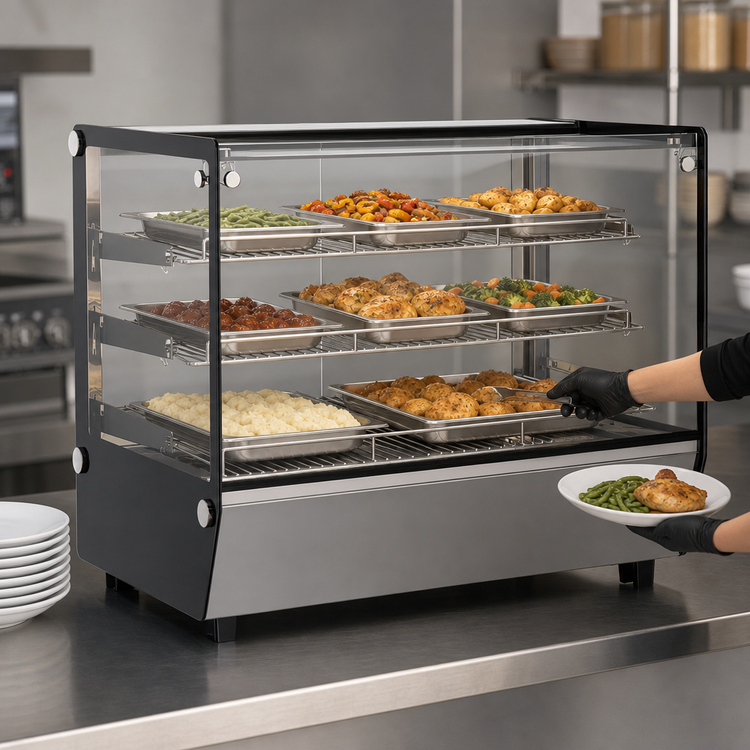 Product image #3 for Omcan USA 34-Inch Countertop Full-Service Hot Food Display Warmer Case, 5.65 Cu. Ft., Flat Glass Front and Sides, 110V
