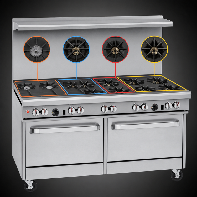 Product image #3 for Southbend Ultimate 60-Inch Gas Restaurant Range with 9 Open Burners, 2 Cabinets, and Hi-Shelf