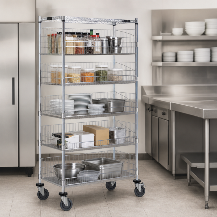 Product image #3 for Quantum 36 x 18 x 80 Inch Post Basket Cart with 5 Baskets, Wire Shelf, Solid Shelf, Chrome Plated
