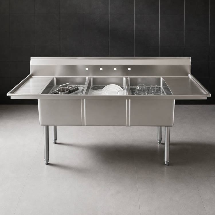 Product image #3 for Omcan 3-Compartment Pot Sink with Left and Right Drainboards, 24" x 24" x 14" Bowls, 304 Stainless Steel