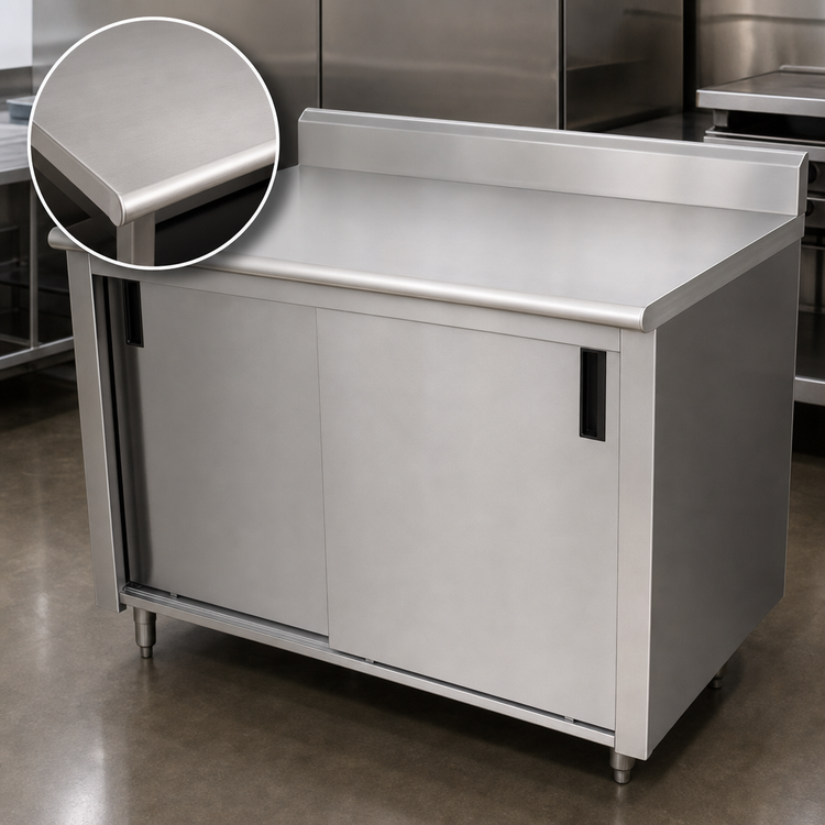 Product image #3 for Advance Tabco Enclosed Stainless Steel Work Table with Cabinet Base, Mid-Shelf and Sliding Doors, 14-Gauge 304 Stainless Steel Top, 144 x 36 Inches