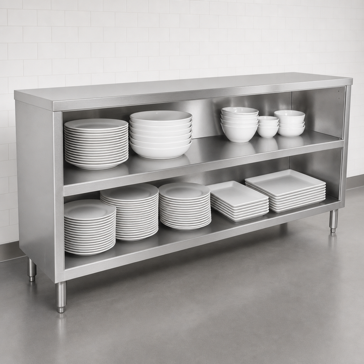 Product image #3 for John Boos Open Front Stainless Steel Dish Cabinet with Mid-Shelf, 96 x 18 x 35 Inches