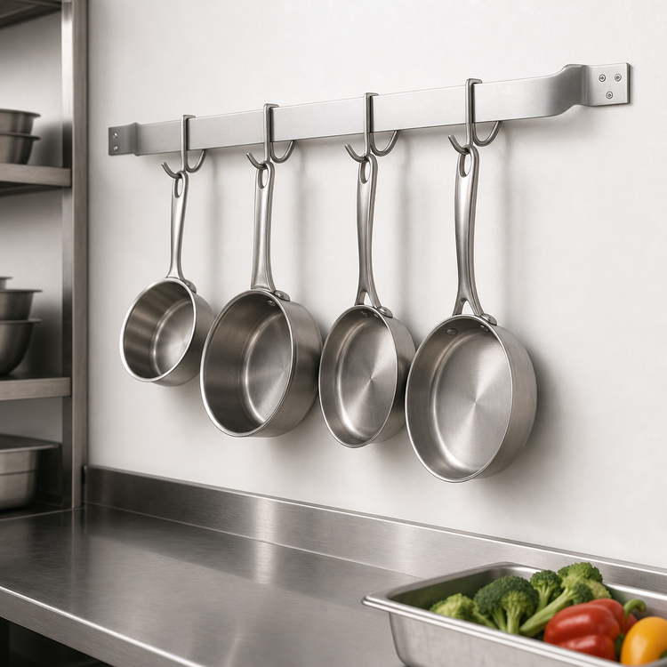 Product image #3 for Eagle Group 48 Inch Wall-Mount Single-Bar Stainless Steel Pot Rack with 4 Double-Prong Hooks