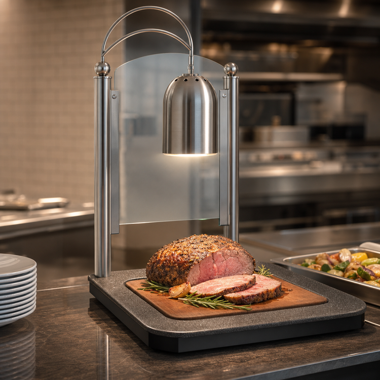 Product image #3 for Hatco Freestanding Decorative Carving Station with Single Heat Lamp, Heated Stone Base, Sneeze Guard, and 24 x 20 Cutting Board