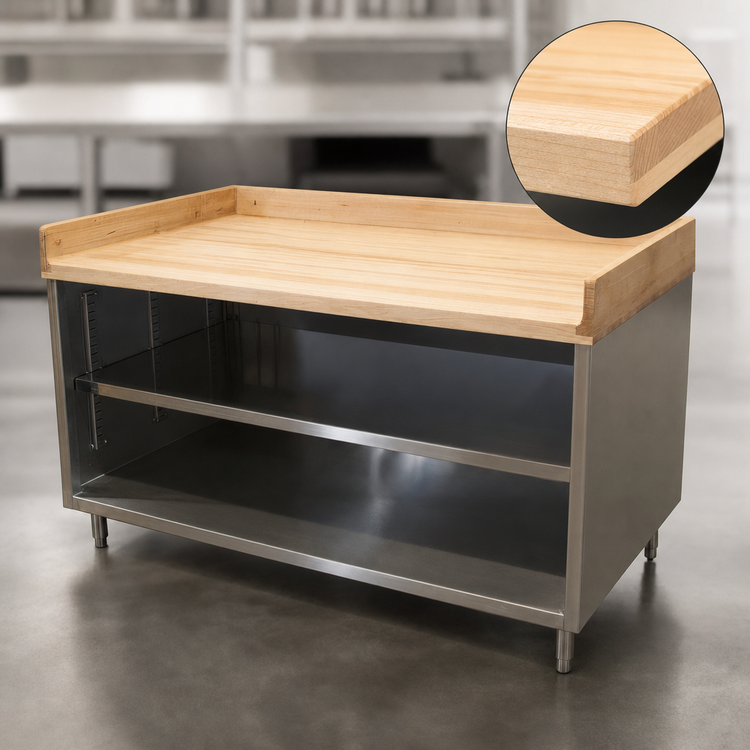 Product image #3 for BK Resources 48-Inch x 30-Inch Hard Maple Wood Top Chef Table with Open Front Stainless Steel Cabinet Base