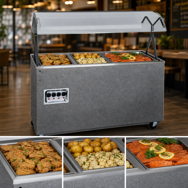 Product image #3 for Vollrath 2-Series Affordable Portable 3-Well Mobile Hot Food Station with Buffet Breath Guard and Open Storage Base, 208-240V