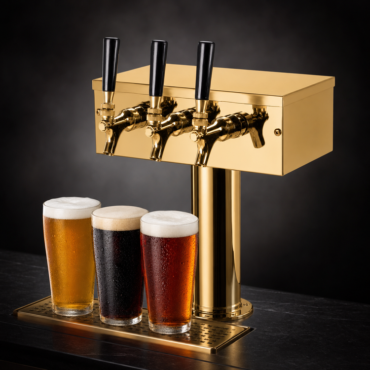 Product image #3 for Micro Matic T Style 3-Faucet Countertop Glycol-Cooled Draft Beer Tower with PVD Brass Finish